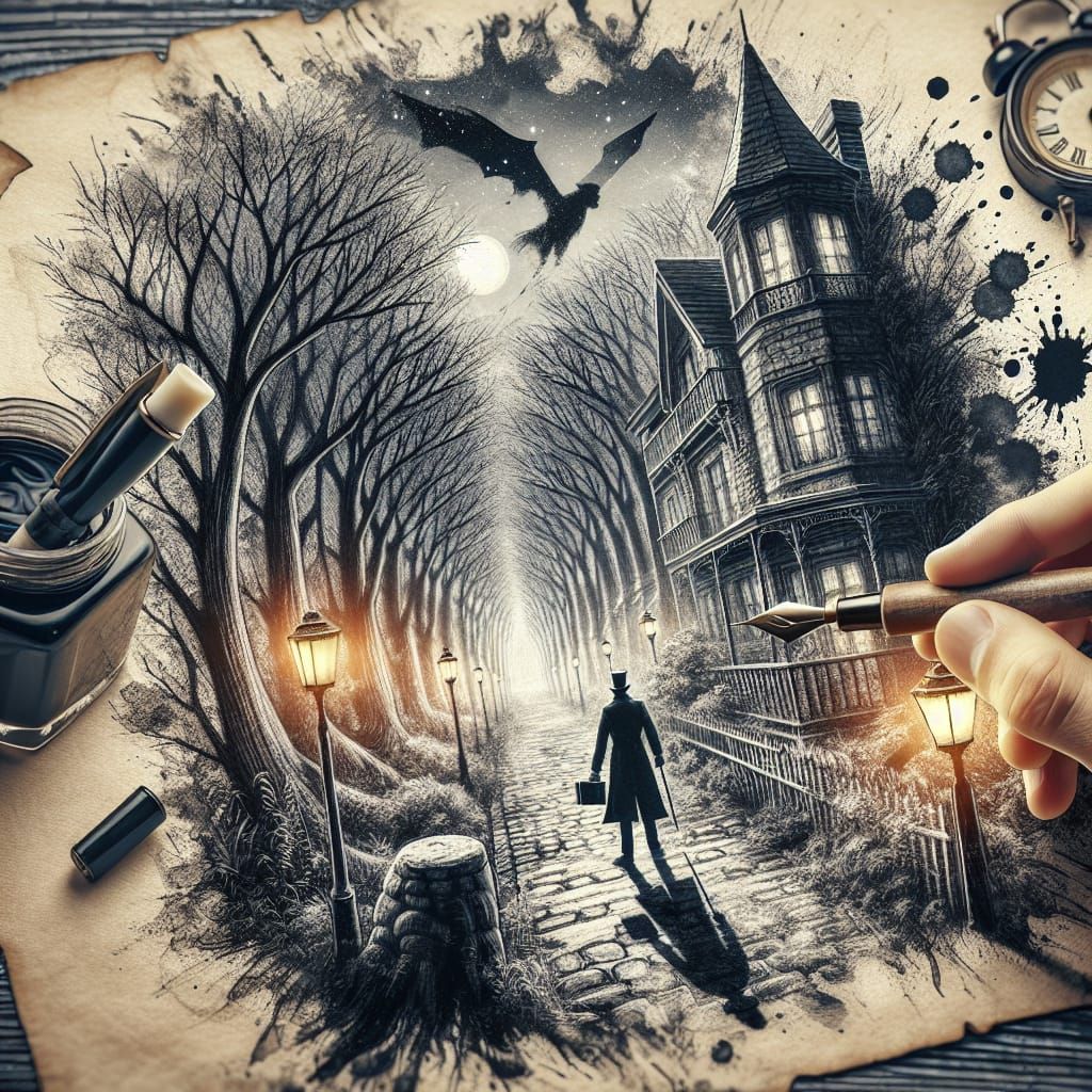 Steampunk Parisian Night Scene in Black and White Ink