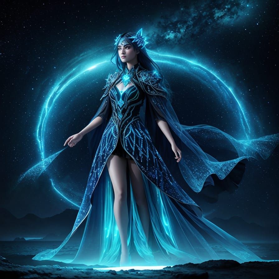 Bioluminescent Ocean Girl in Starry Dress