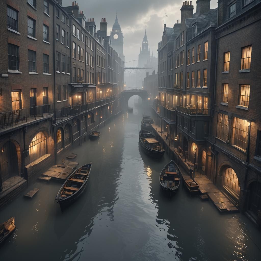 Foggy London Harbor Alleys in 19th Century