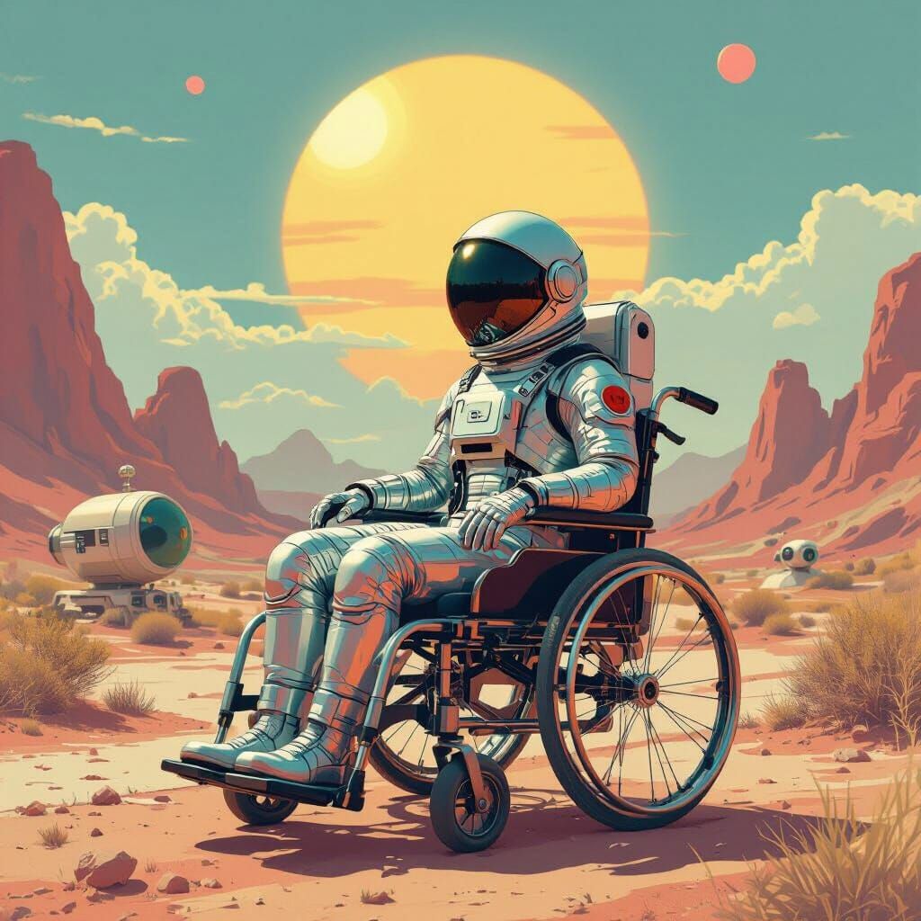 Retro-Futuristic Astronaut in Mid-Century Modern Landscape