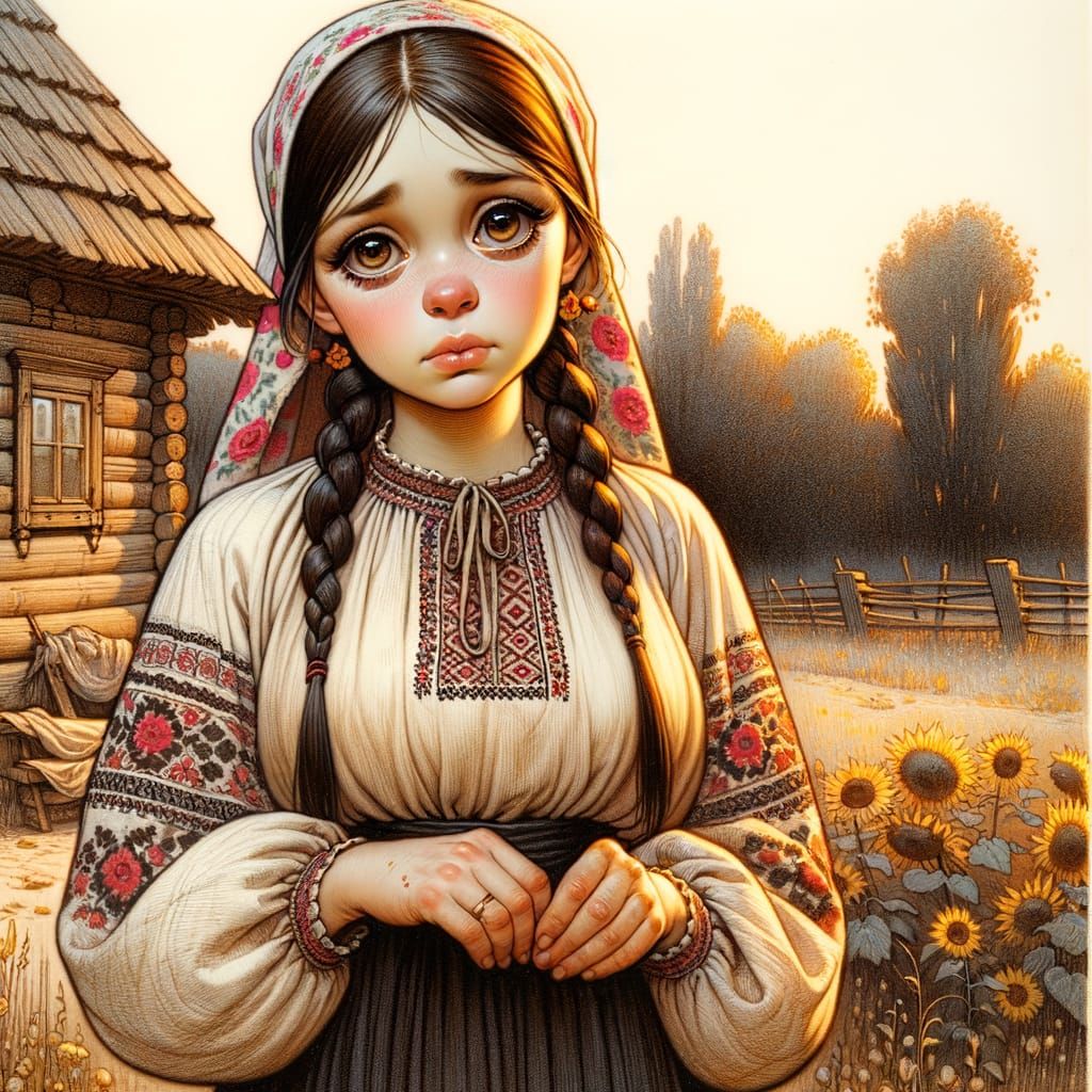 Ukrainian Peasant Woman in Traditional Dress: Ink and Waterc...