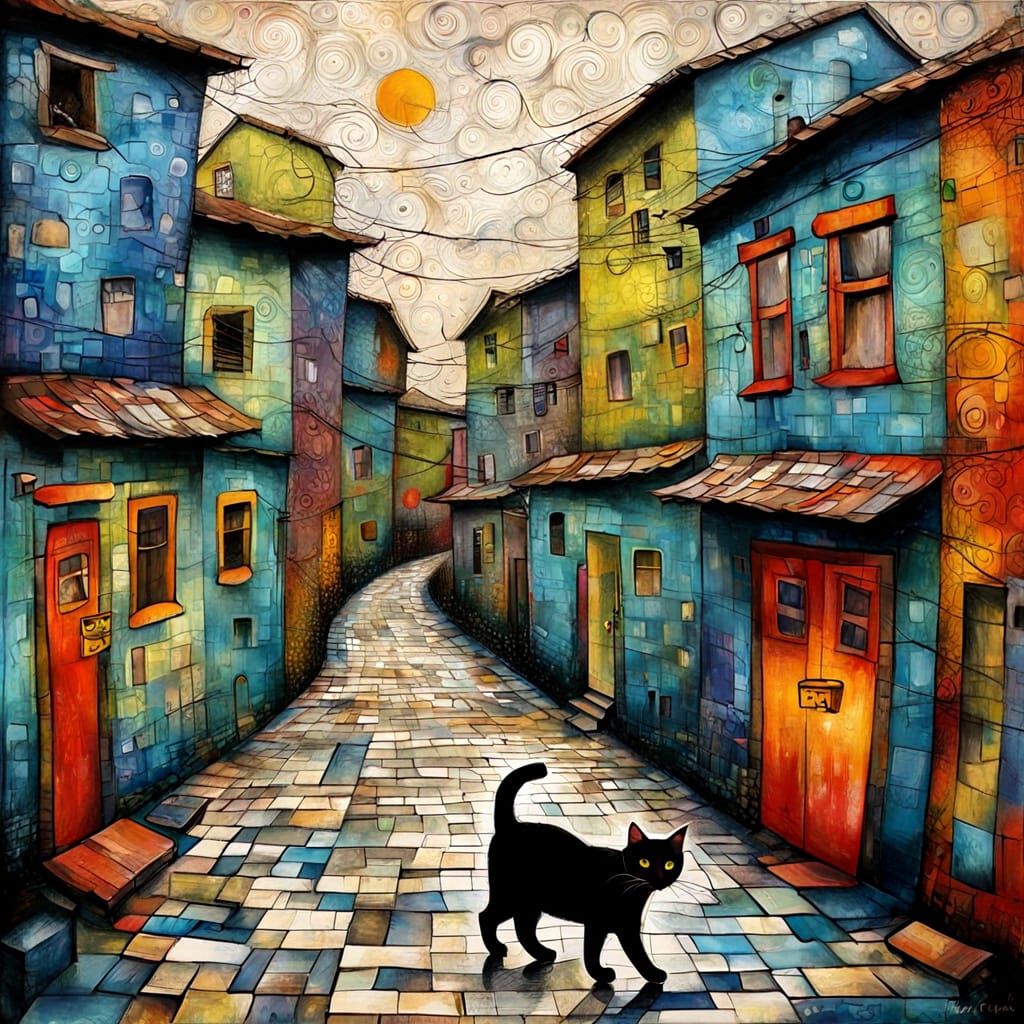 Airbrushed Cat in Village Alley, Encaustic Painting Style