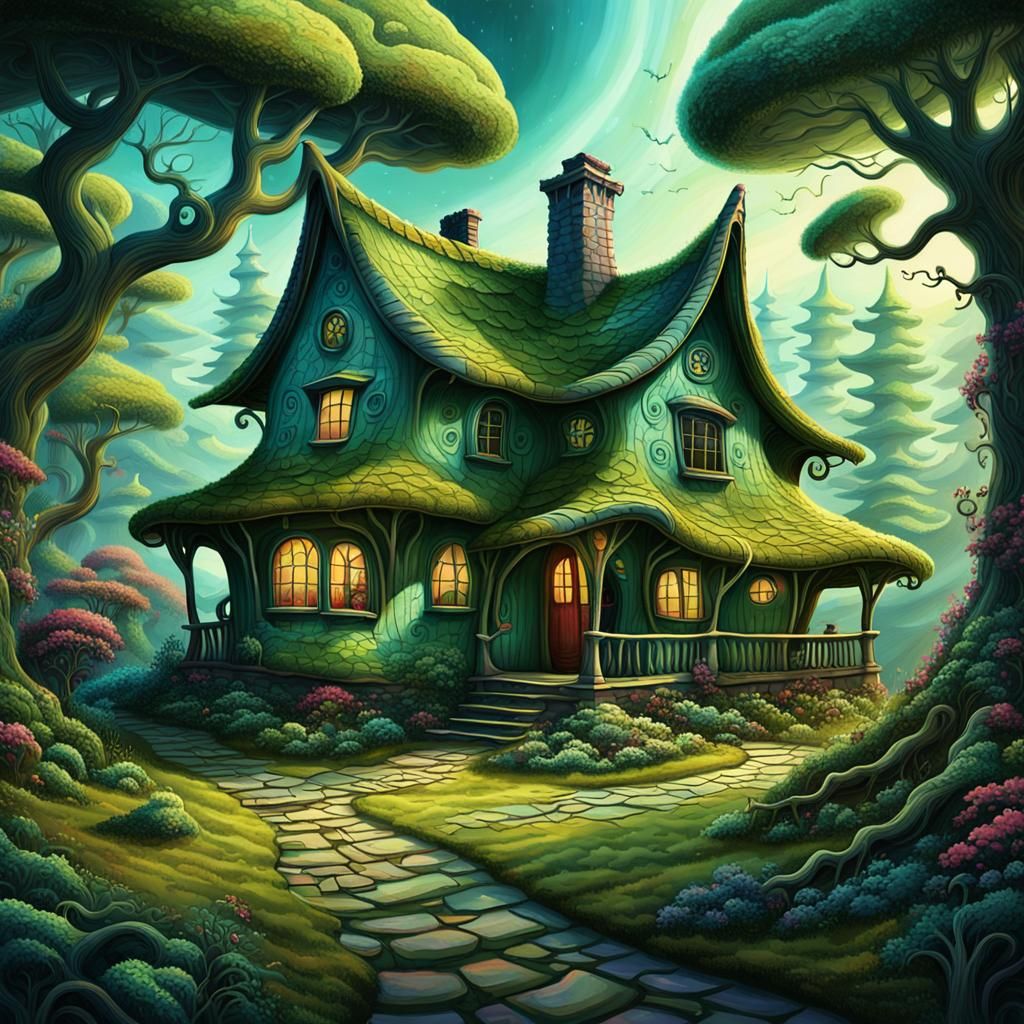 Quaint Cottage in Whimsical Folklore Illustration