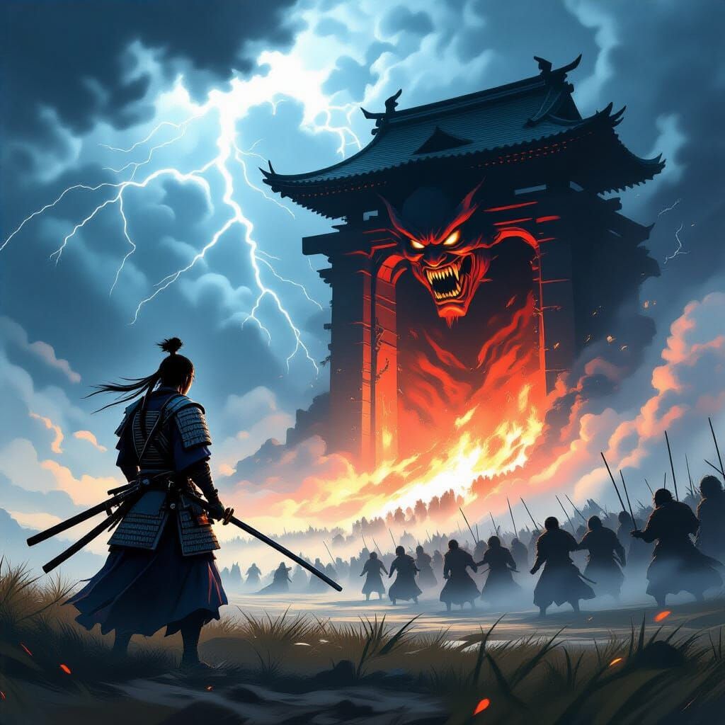 Samurai Warrior Confronts Demon Horde on Battlefield