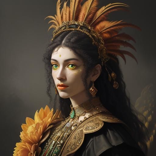 Golden Woman with Peacock Feathers in Dramatic Lighting