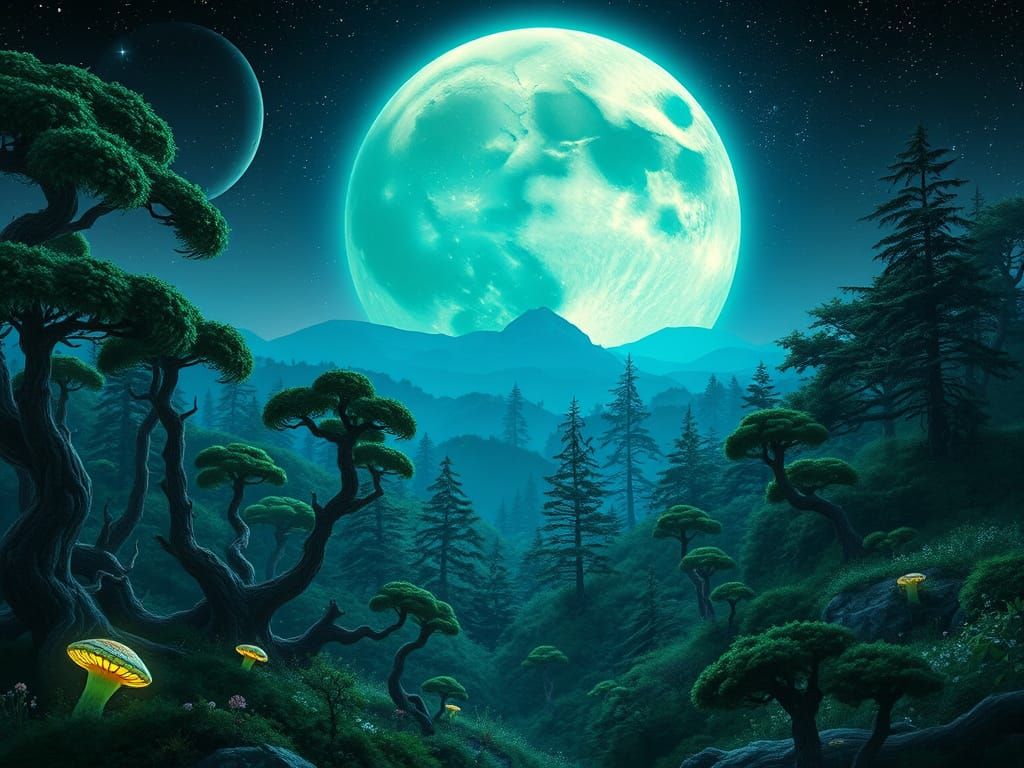 Lush Alien Moonrise Under Starry Skies