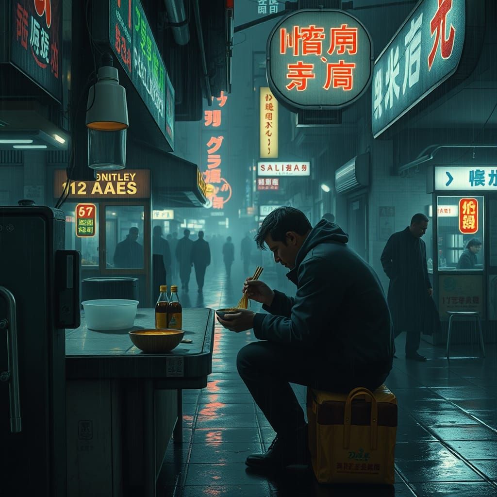 Blade Runner Scene: Deckard at Noodle Bar, Cyberpunk Art