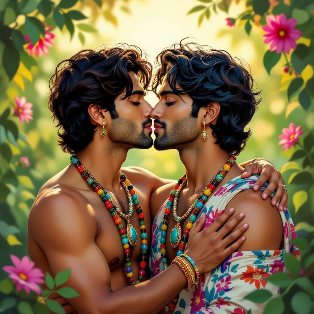 Romantic Embrace: Indian Men in Golden Hour Oil Painting