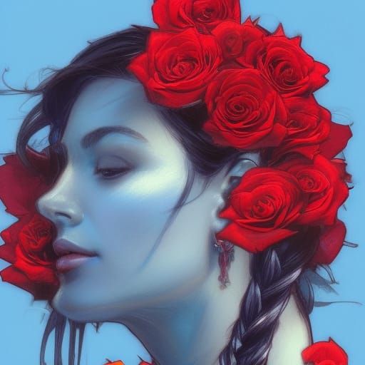 Blue Lady with Roses: Hyperdetailed Concept Art