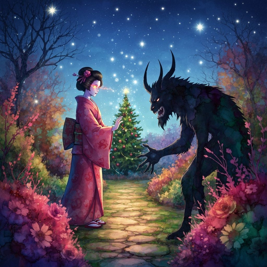Mystical Christmas Garden Confrontation: Geisha vs. Beast