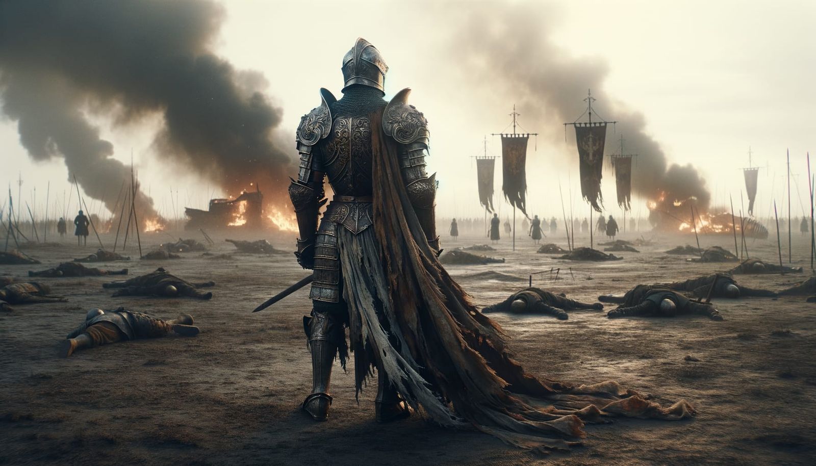 Knight Silhouetted on Barren Battlefield