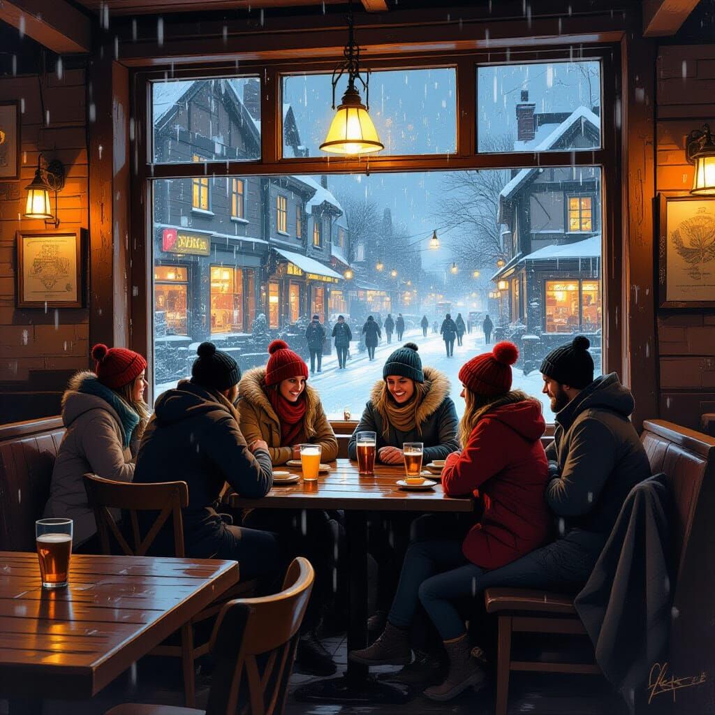 Cozy Tavern on Rainy Night Under Starlight