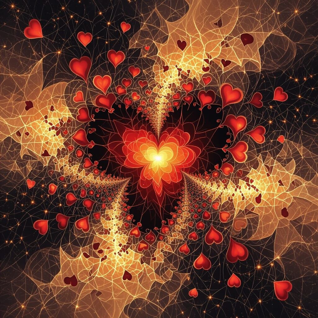 Cosmic Fractal Heartscape with Ink Splash and Gold Sparks