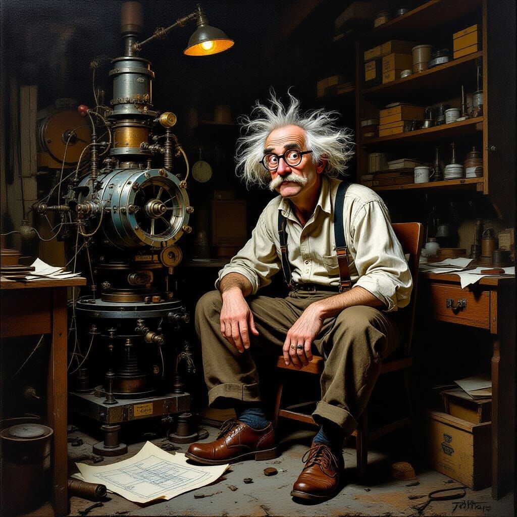 Luddite Inventor in Workshop, Painterly Style