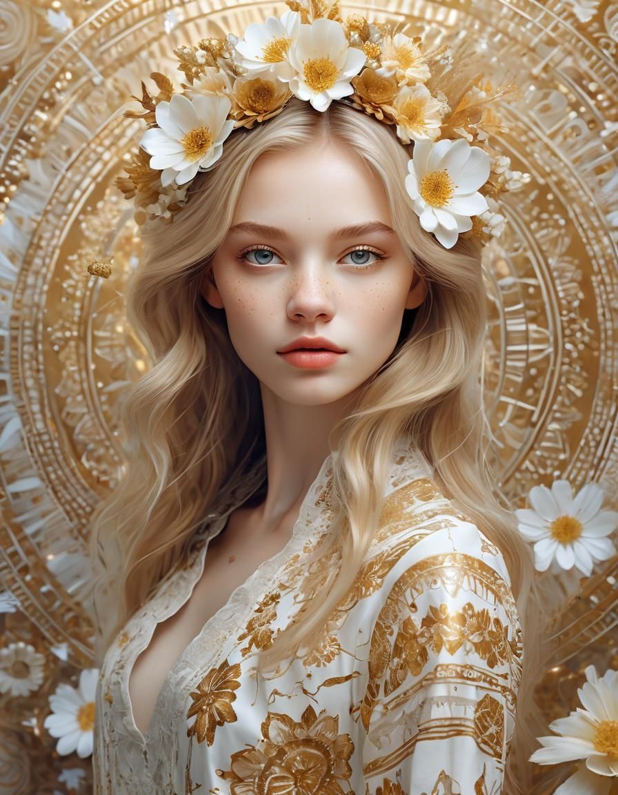 Elegant Woman with Glitched Flowers in Abstract Style