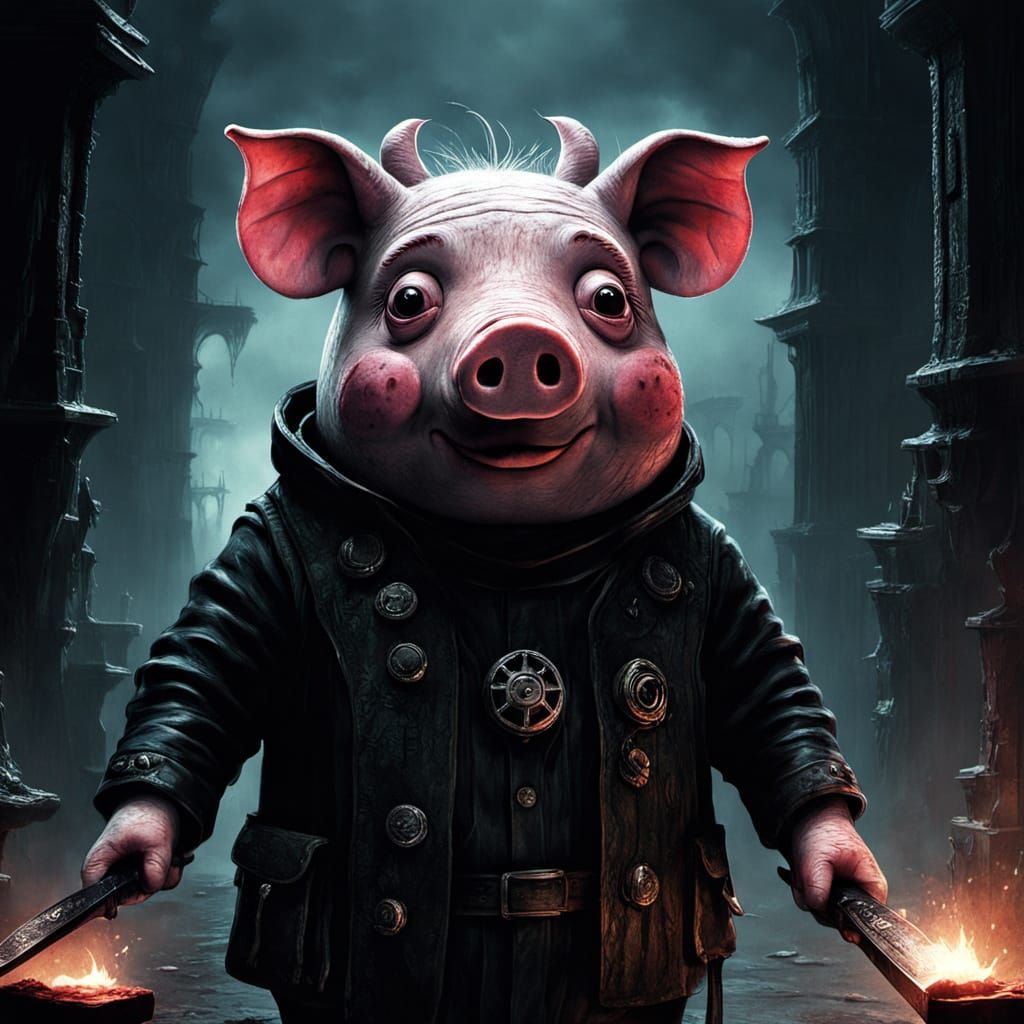 Grotesque Pig Wielding Knives in Eldritch Horror Style