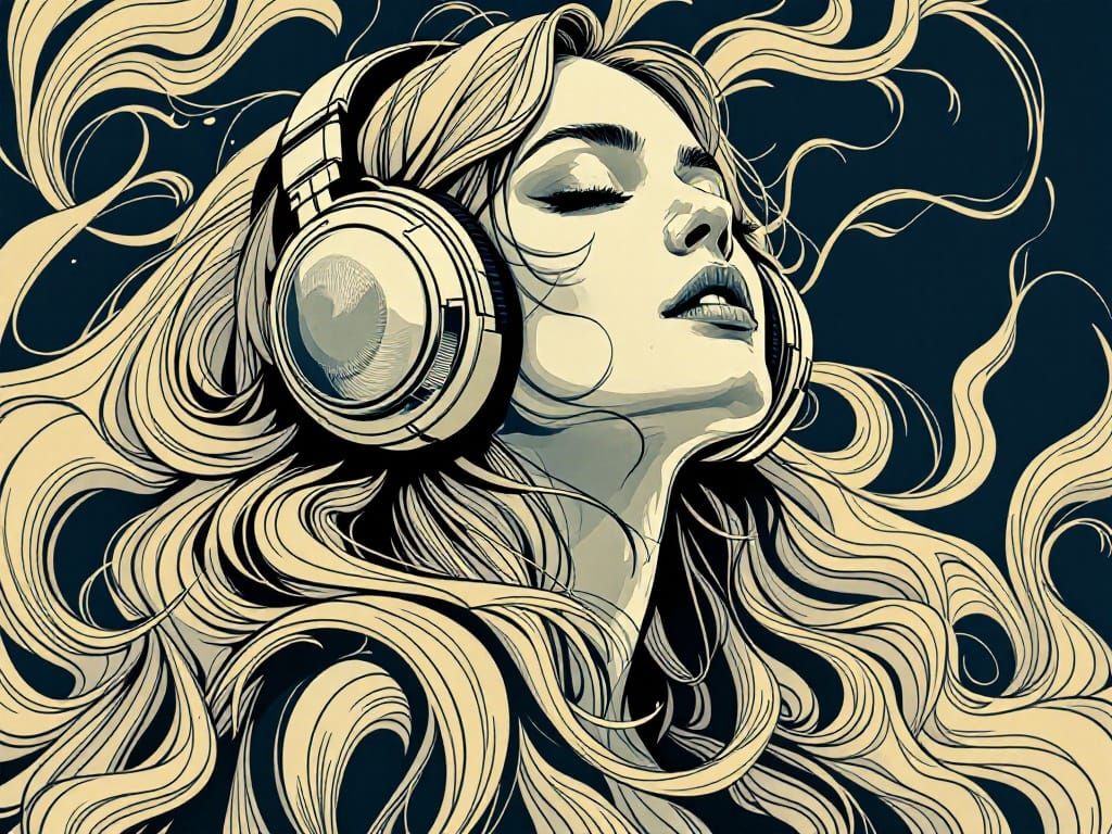 Woman Lost in Melodic Harmony, Eyes Closed, in Dark Blue