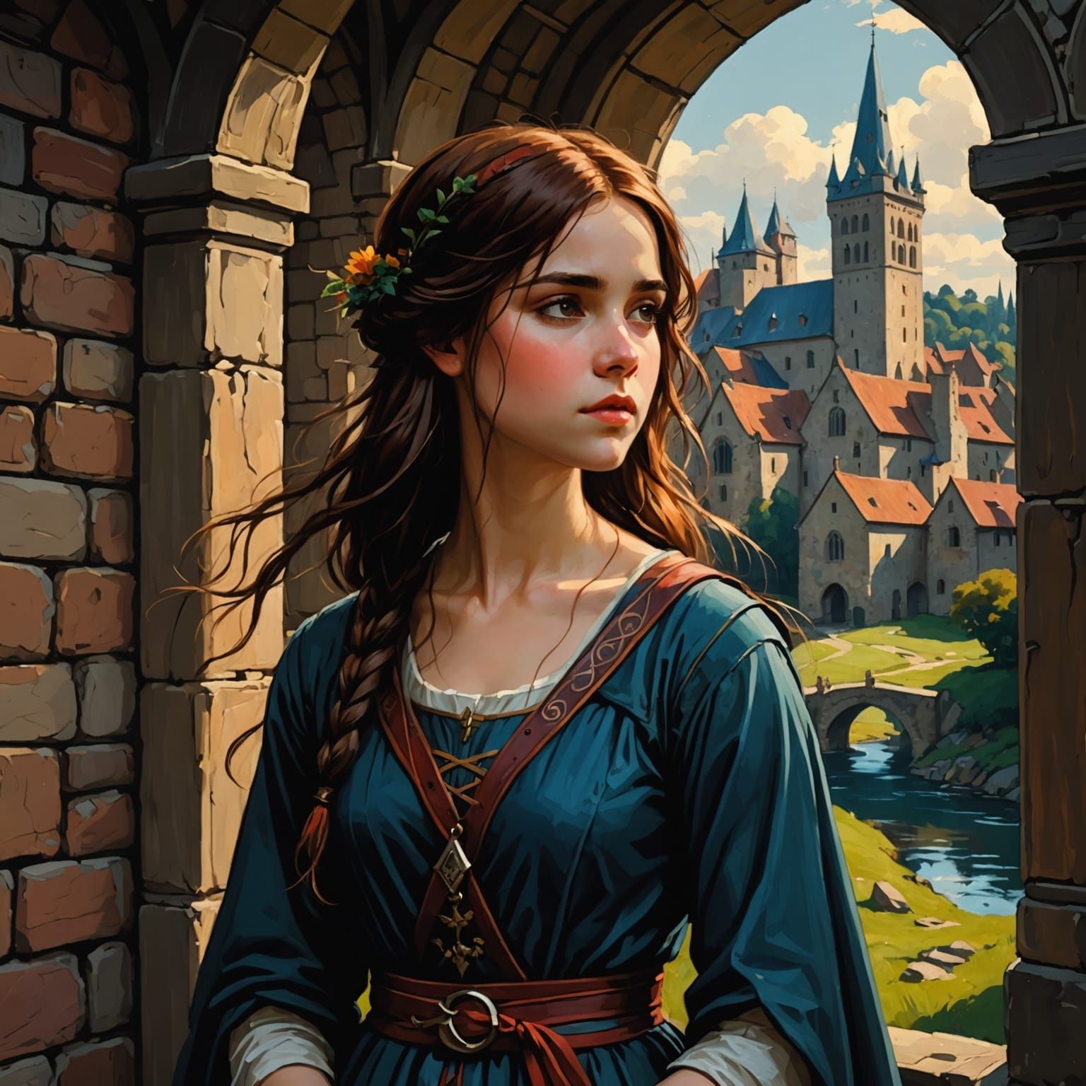 Medieval Girl in Colorful Chiaroscuro Cartoon Style