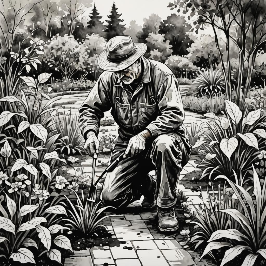 Botanical Ink Drawing of Gardener at Work