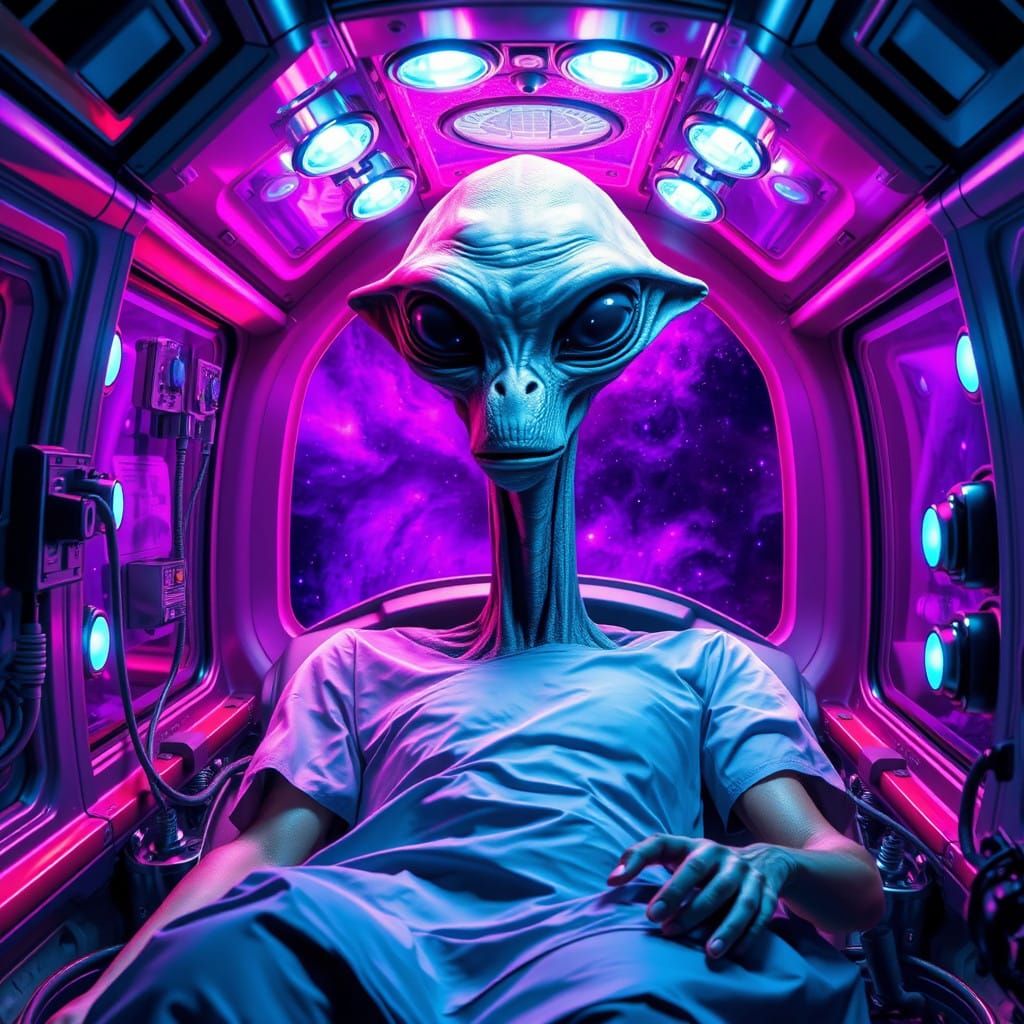 Human in Alien Incubator, as Hyper-Realistic Sci-Fi Art