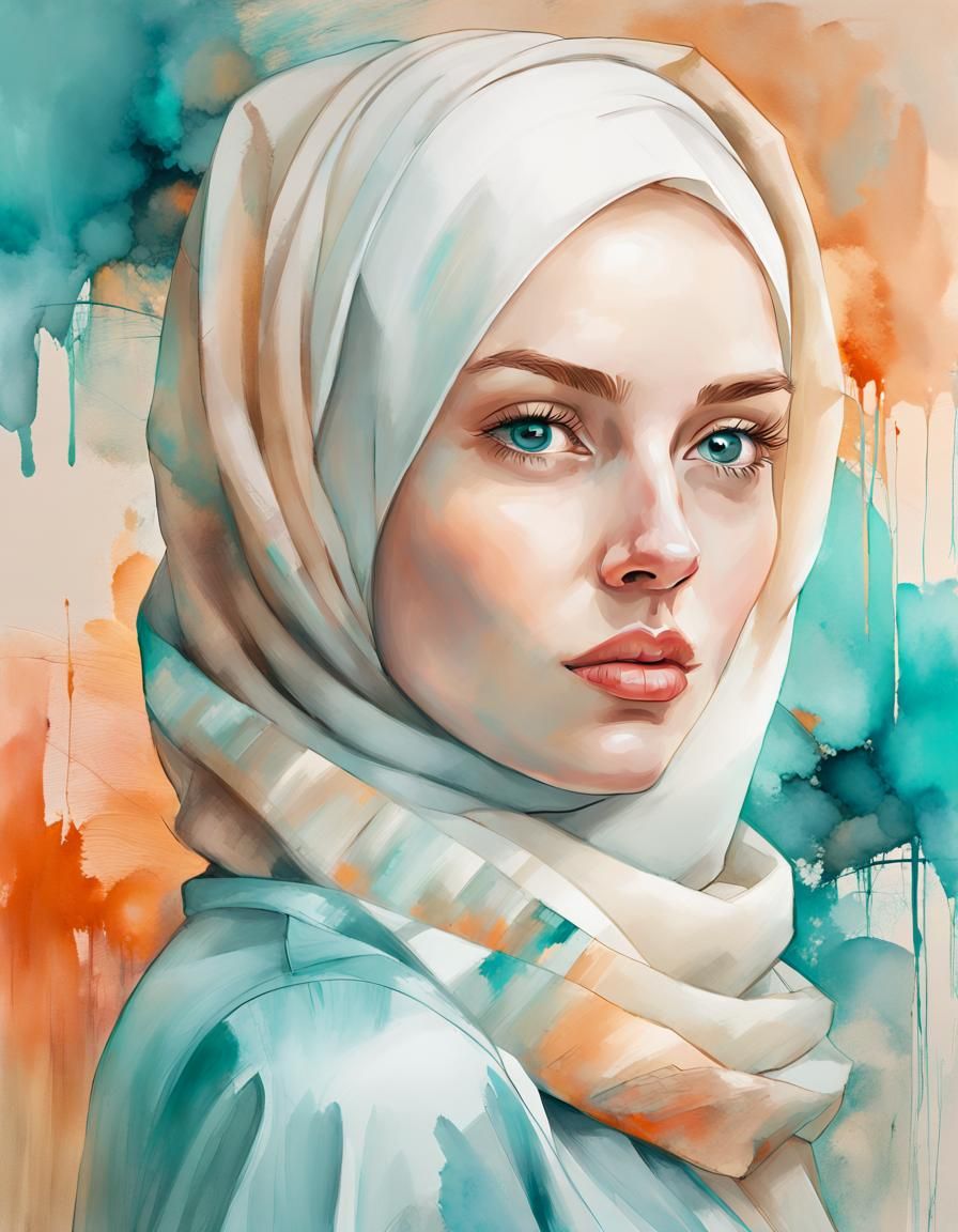 Turquoise Eyed Woman in Hijab, Alcohol Ink Portrait