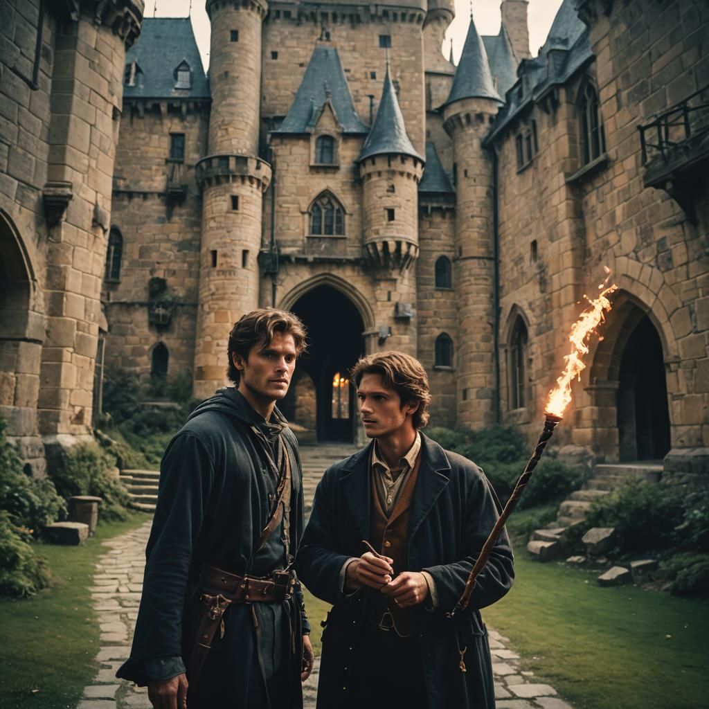 Young Wizard Casting Spells at Castle: Cinematic Film Still