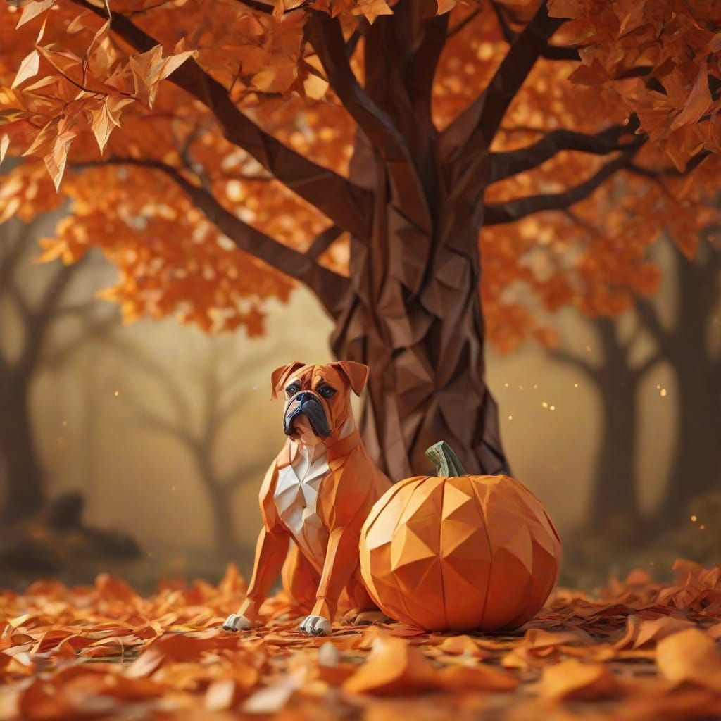 Origami Boxer Carving Halloween Pumpkin Under Autumn Oak Tre...