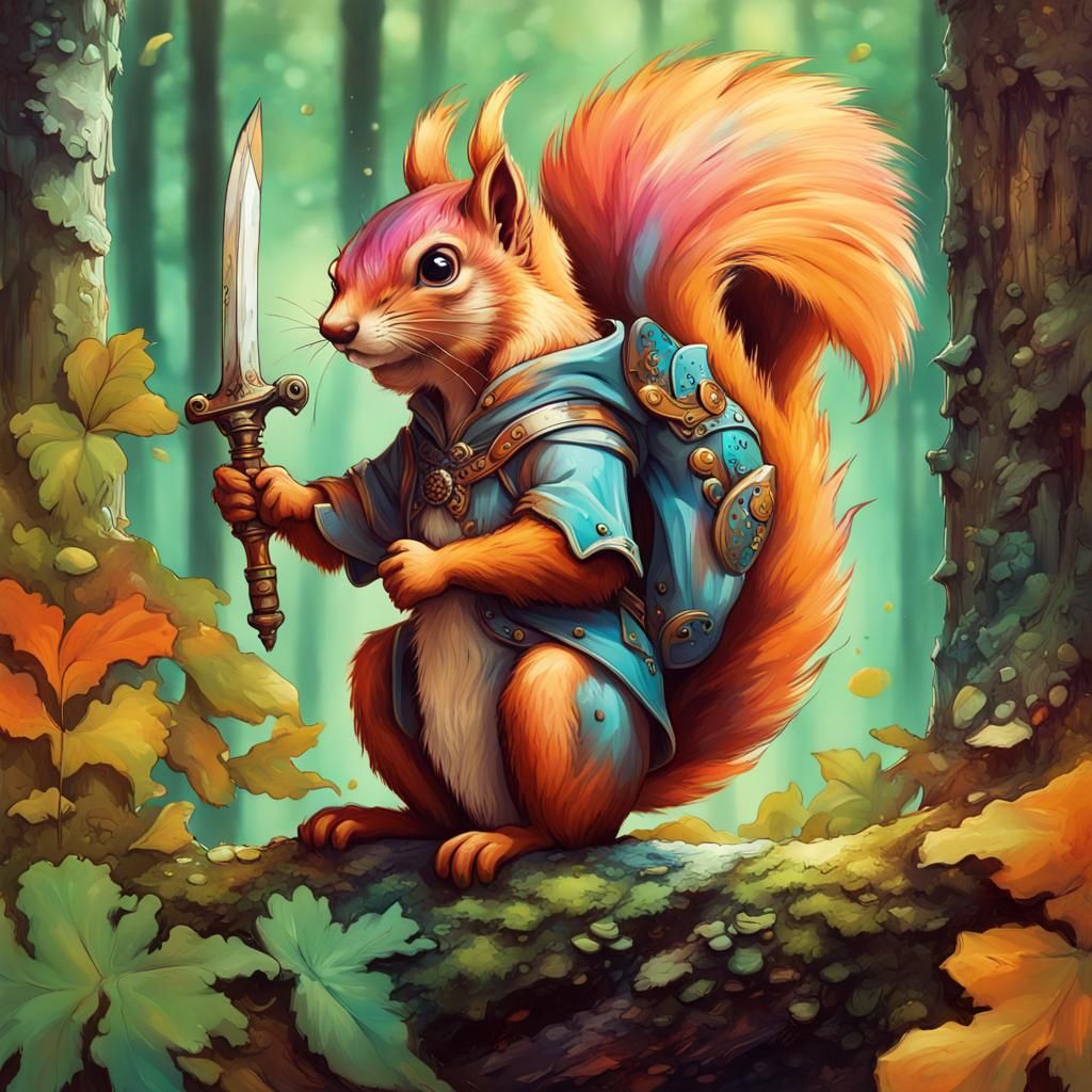 Anthropomorphic Squirrel Swordsman in Alphonse Mucha Graffit...