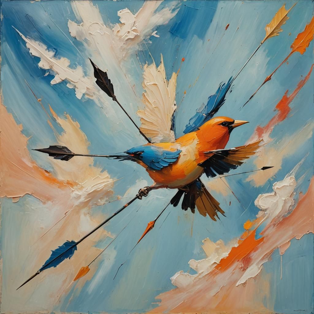 Expressionist Bird and Arrow Oil Painting