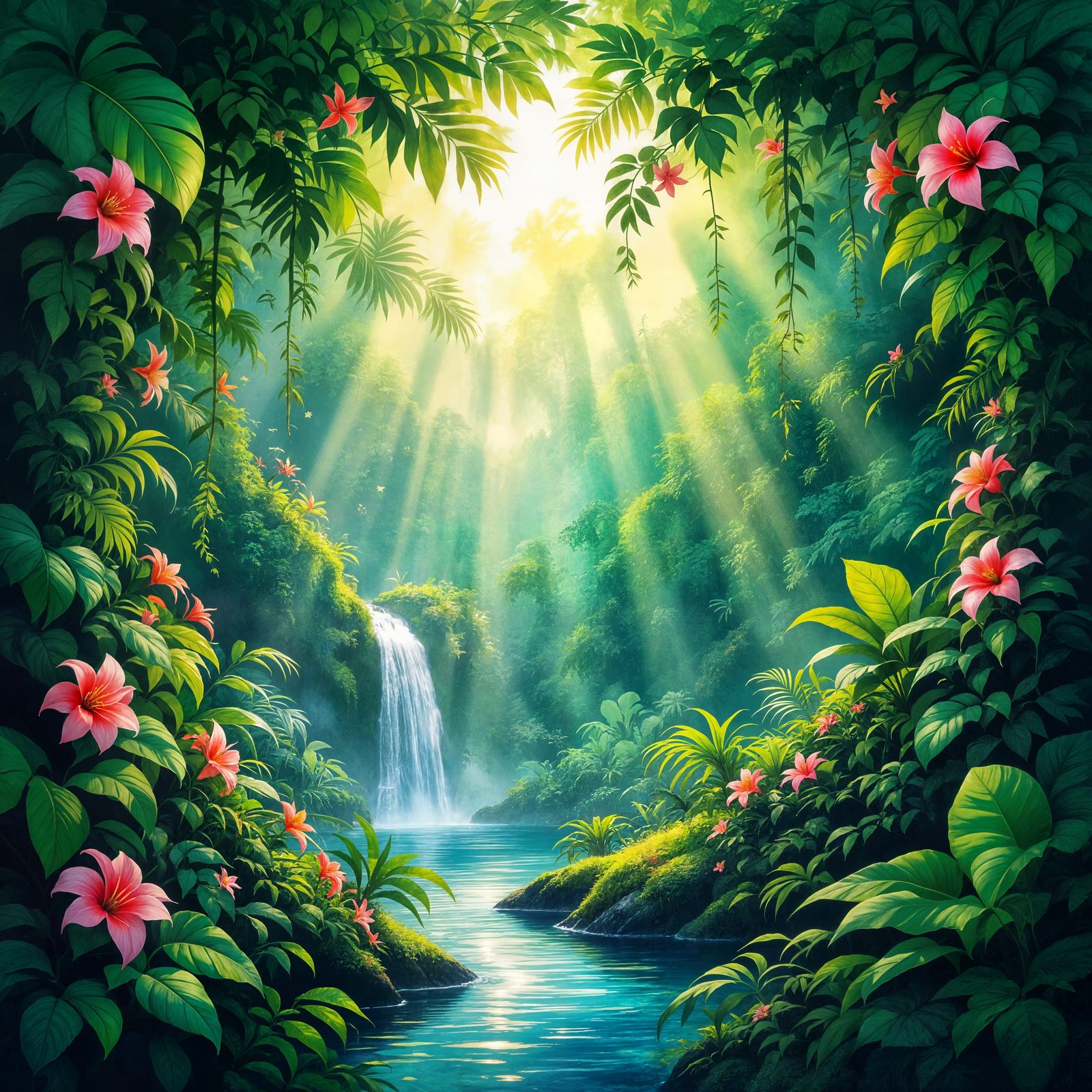 Sunlit Jungle Canopy in Watercolor Style