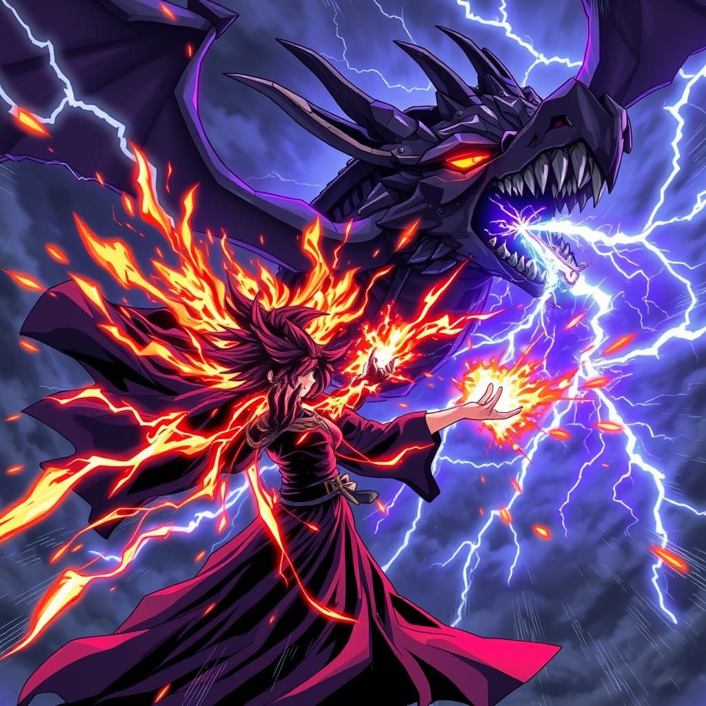Sorceress Battles Robotic Dragon in Anime Action Style