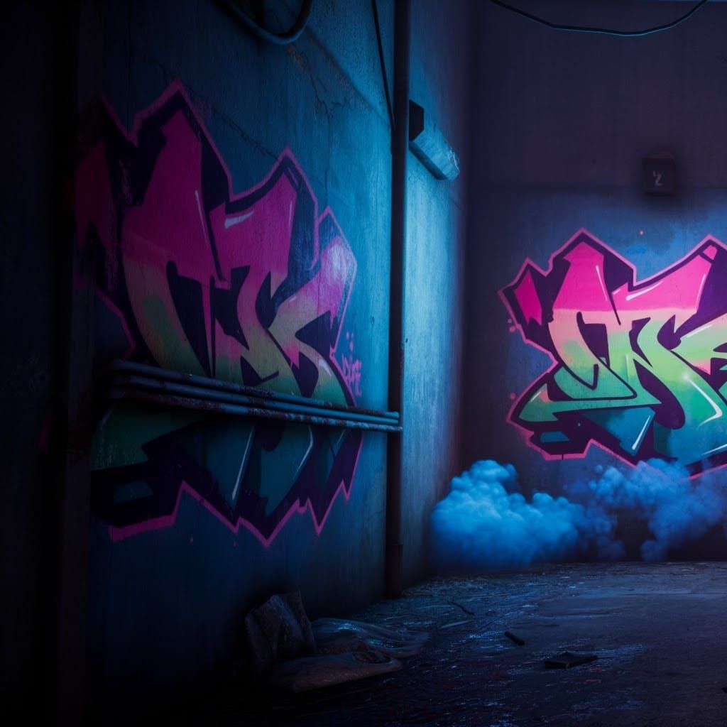 Neon Graffiti Wall with Blue Smoke