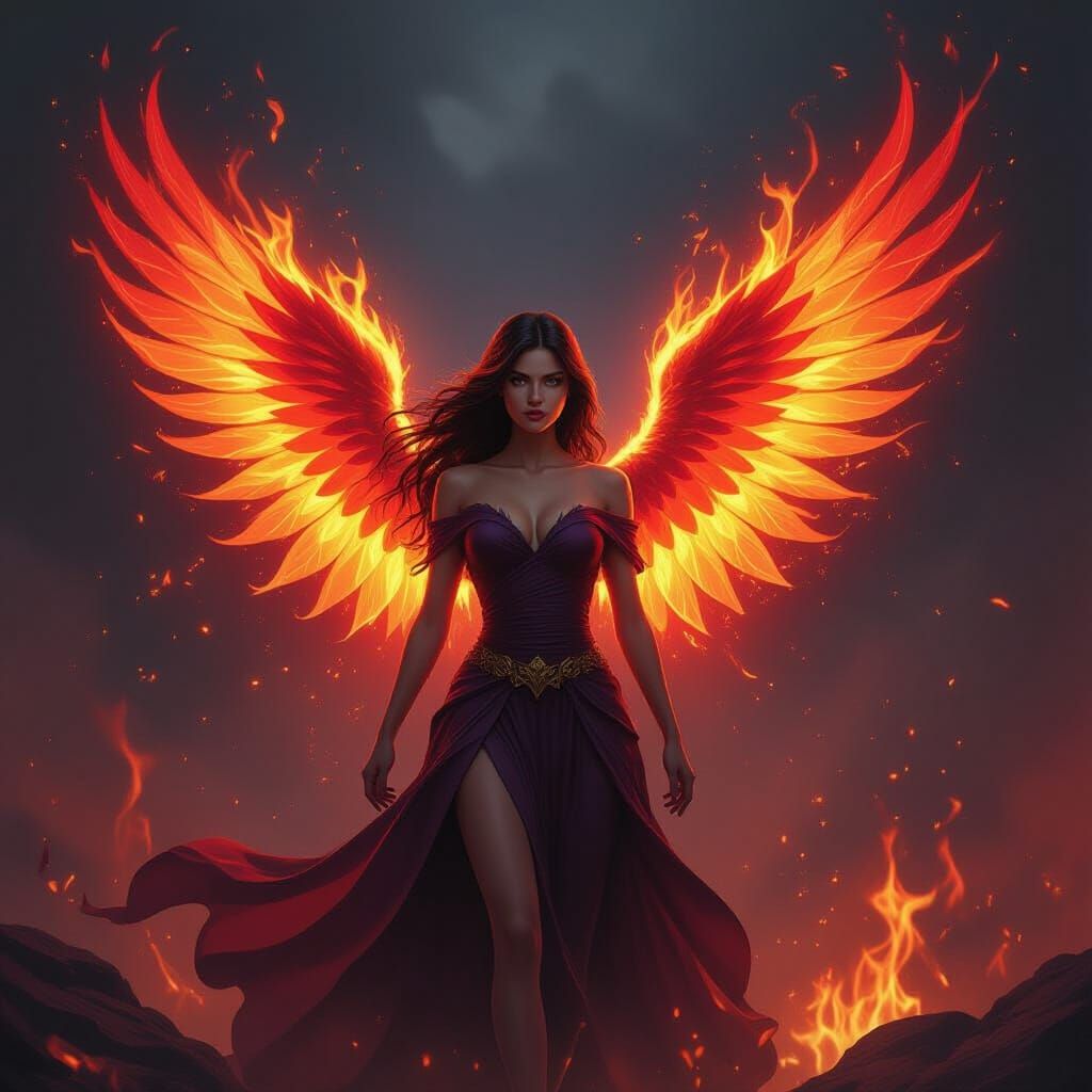 Fiery Woman with Energetic Flame Wings