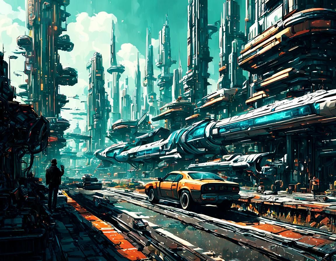 Retro-Futuristic Kinetic Pointillism Scene