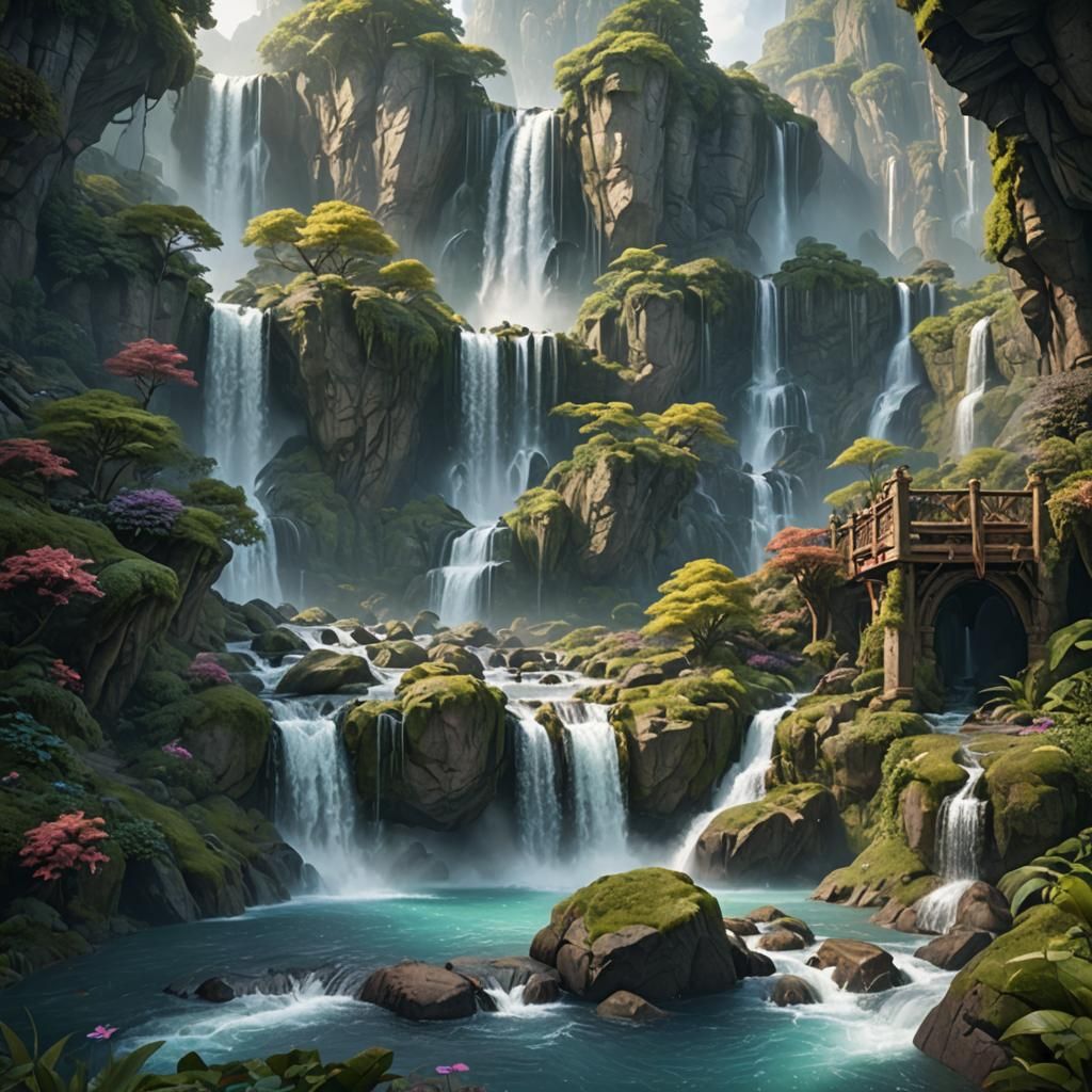 Fantasy Landscape with Magical Waterfalls in Ethereal Style