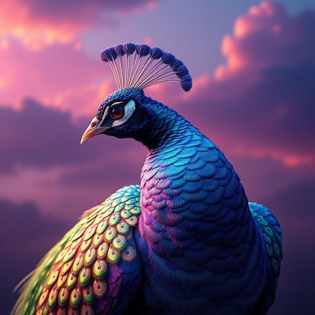 Surreal Peacock in Iridescent Plumage Set Against Gradient S...