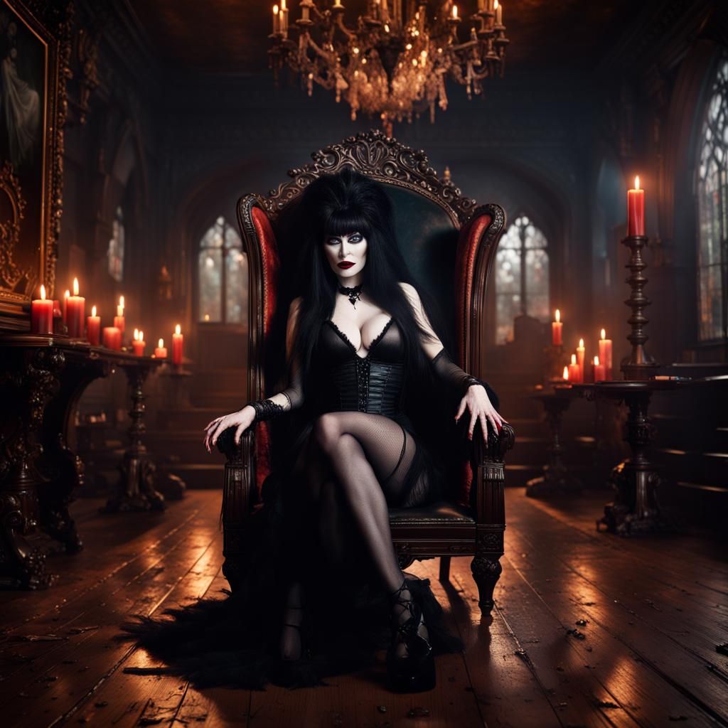 Elvira Lounges in Gothic Room, Realistic Photography