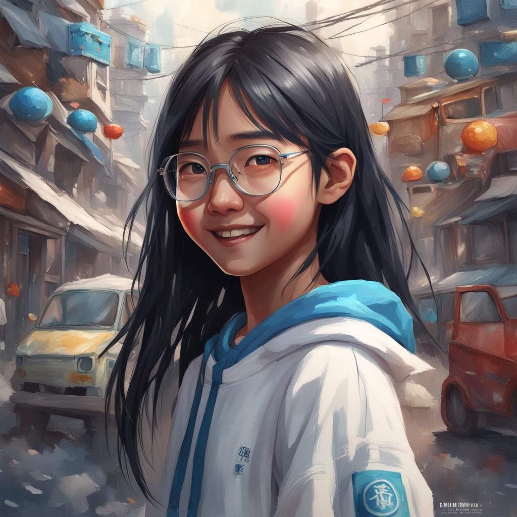 Portrait of Smiling Chinese Girl in Digital Art Style