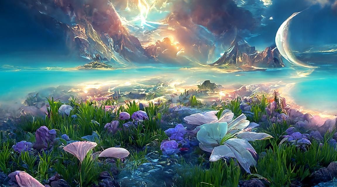 Iridescent Fantasy Landscape with Cosmic Sky and Aurora