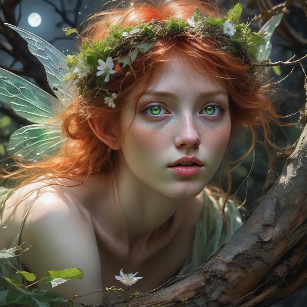 Red-Haired Fairy with Emerald Eyes in Ethereal Forest