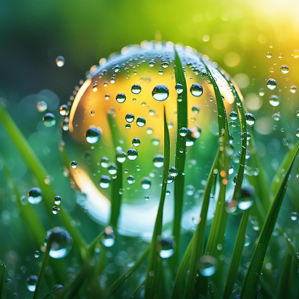 Surreal Raindrops Cling to Grass Blades in Vivid Sunset Ligh...