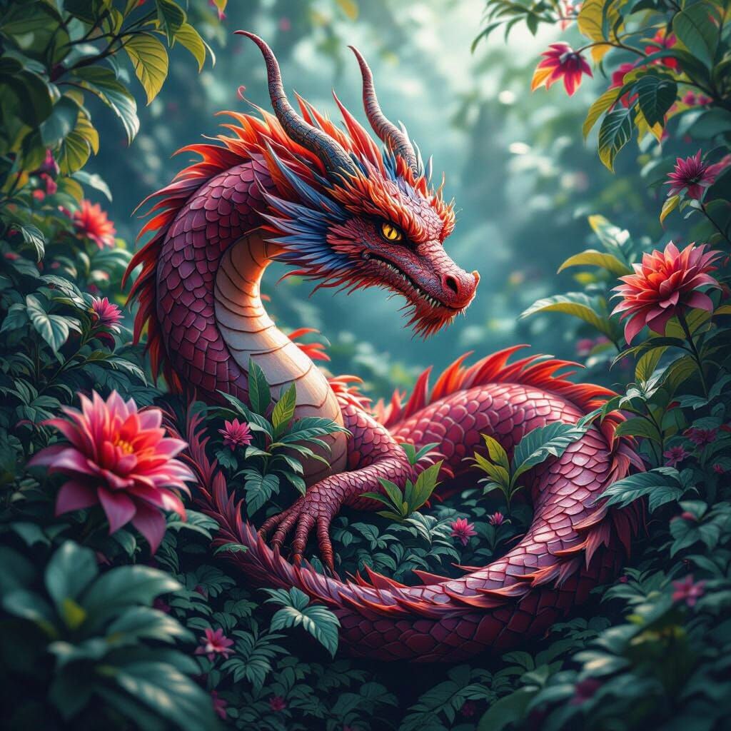 Majestic Dragon With Lush Plant Elements in Deep Colors