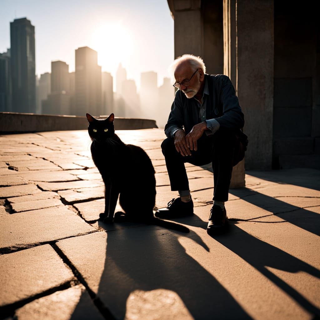 Man and Cat on High Rise Ledge at Sunset