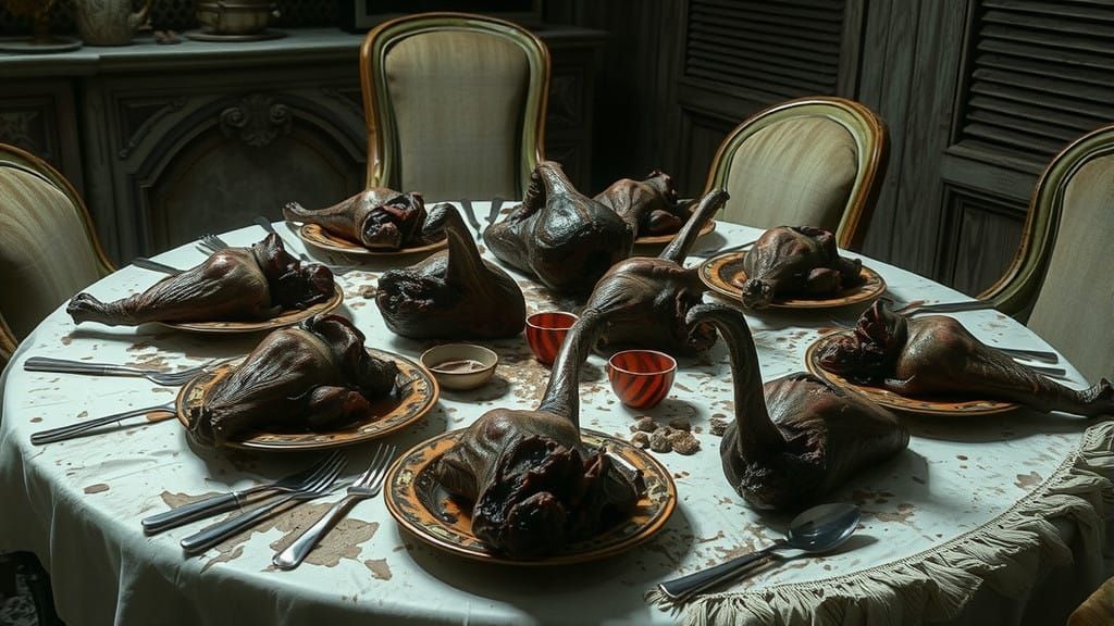 Grotesque Tableau of Rotting Meats in a Decaying Setting