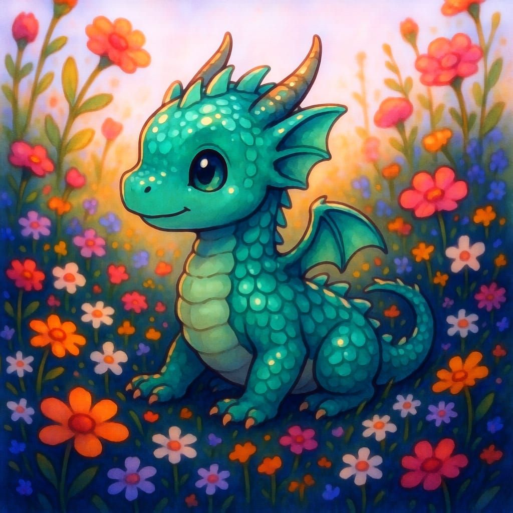 Cute Baby Dragon in Lush Meadow, Miyazaki Style