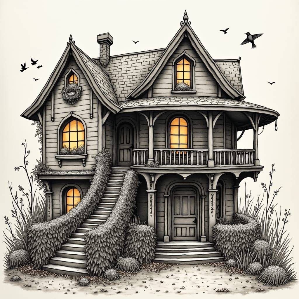 Whimsical Pen and Ink House with Lush Garden