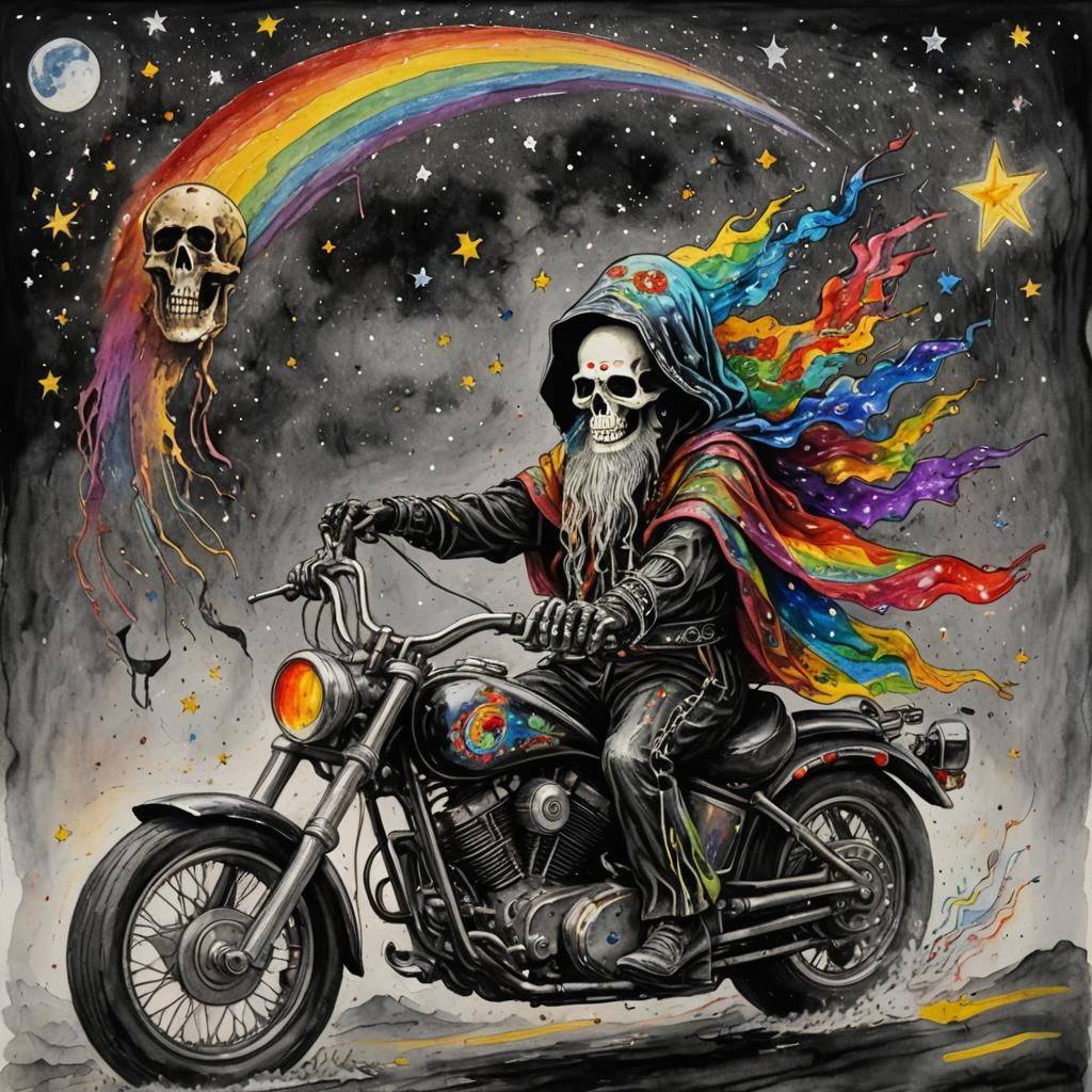 Santa Muerte on Motorcycle in Rainy Starry Night