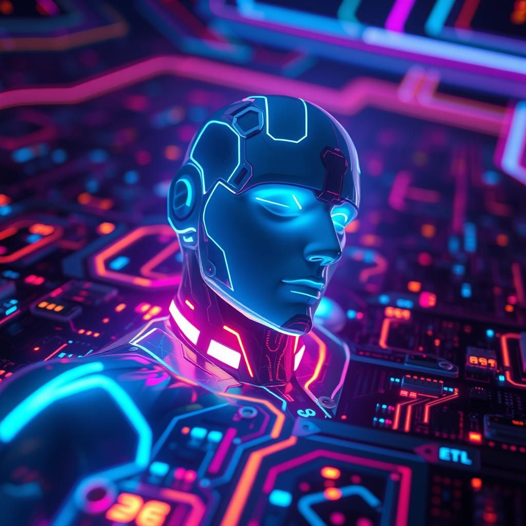 Tron-Style Vaporwave: Glowing Figure in Digital Space