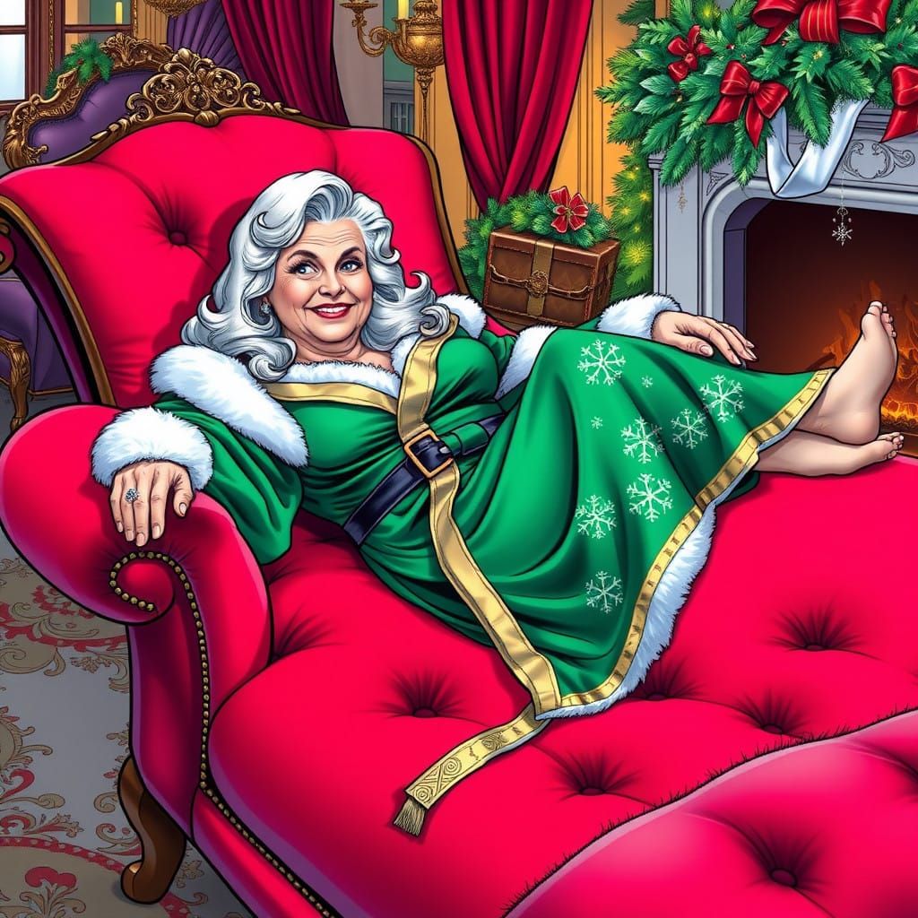 plush, Crimson Velvet Chaise Lounge Scene with Mrs. Claus