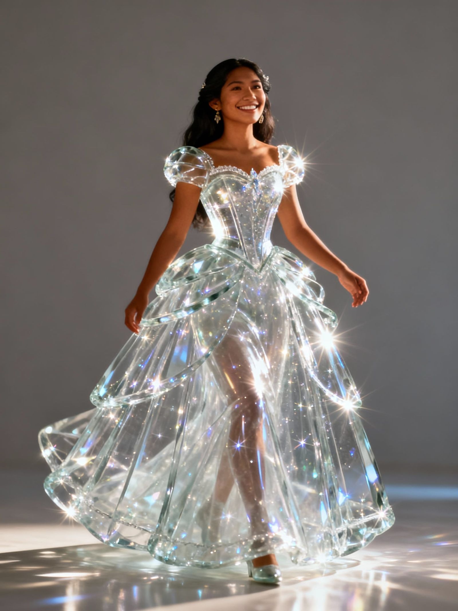 Native American Woman in Sparkling Transparent Glass Dress